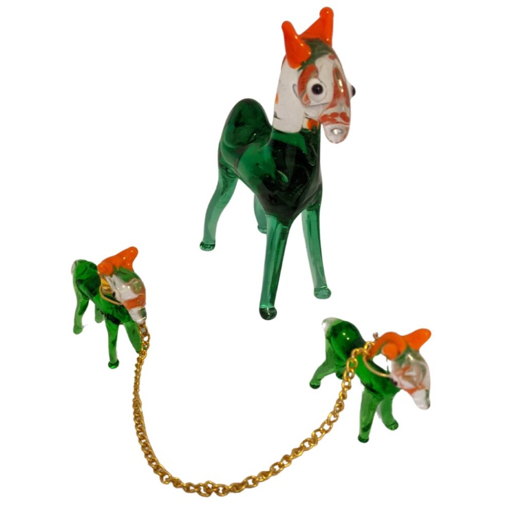 Vintage Art Glass Horse Figures 3.75" & 1.5" Green Red Hand Blown Sculpture